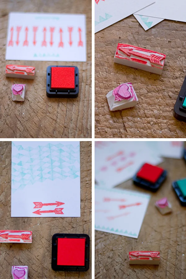 Tampons en caoutchouc, encre rouge et motifs de flèches et cœurs pour une papeterie de mariage faite main.