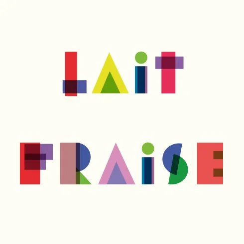 Logo coloré et géométrique formant les mots Lait Fraise avec des formes superposées et transparentes.
