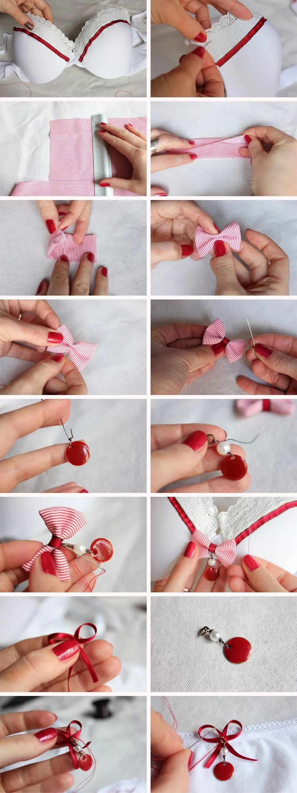 Tutoriel étape par étape pour personnaliser un soutien-gorge blanc avec des rubans et perles rouges.