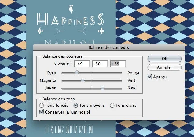 Maquette de Save the Date bleue et beige avec une fenêtre de réglage des couleurs superposée.