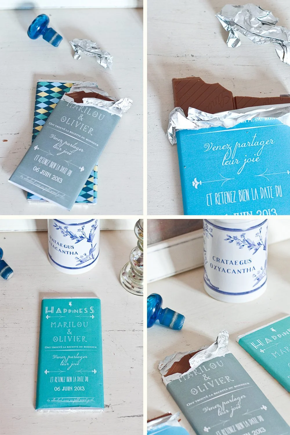 Tablettes de chocolat personnalisées bleues et blanches pour un Save the Date, posées sur un fond blanc lumineux.