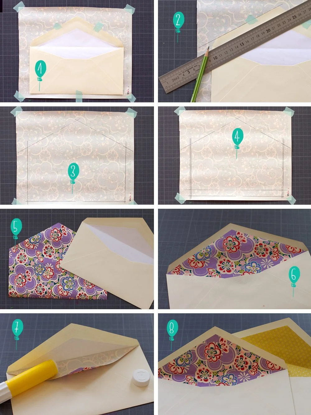 Tutoriel en huit étapes pour personnaliser l'intérieur d'une enveloppe avec du papier cadeau coloré et floral.
