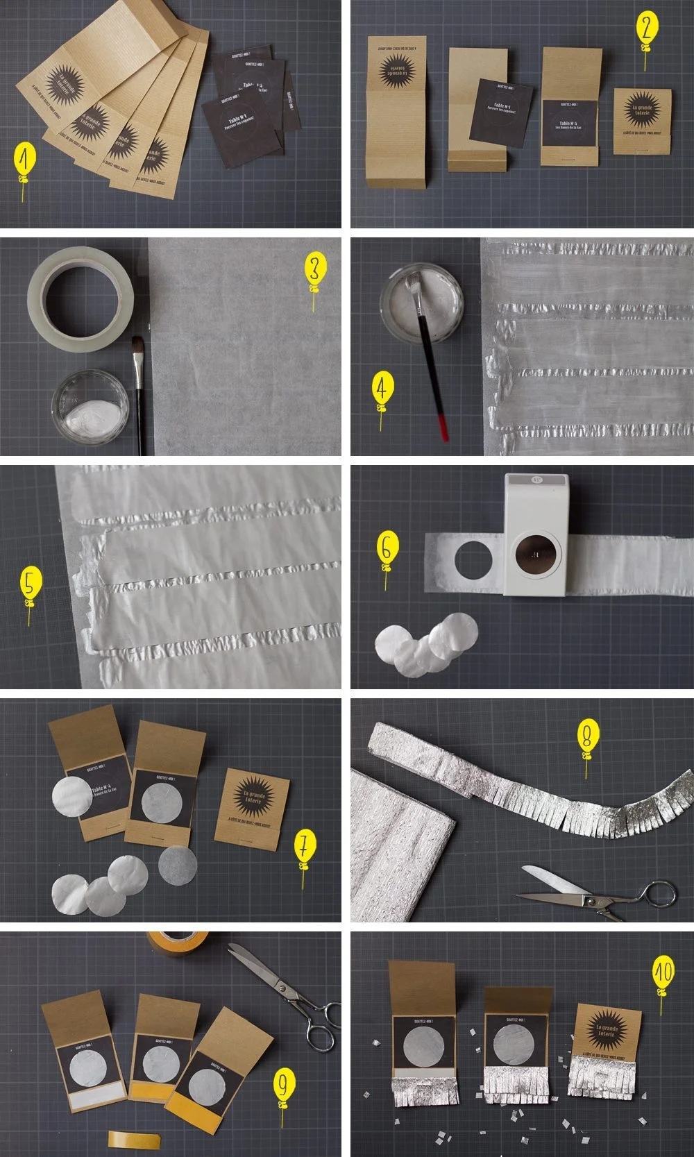 Tutoriel DIY étape par étape pour créer des tickets de loterie argentés et des enveloppes kraft pour un mariage.