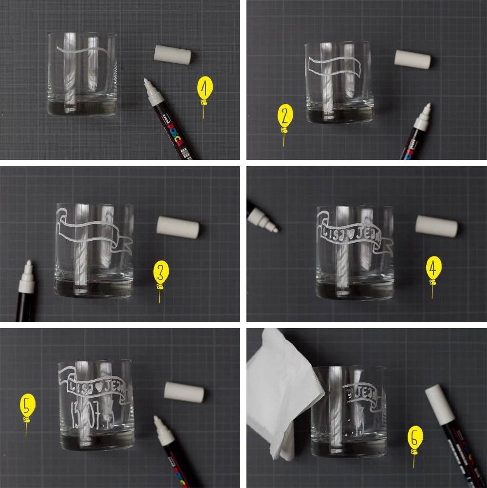 Étapes de personnalisation de verres à whisky avec un marqueur blanc sur fond gris foncé.