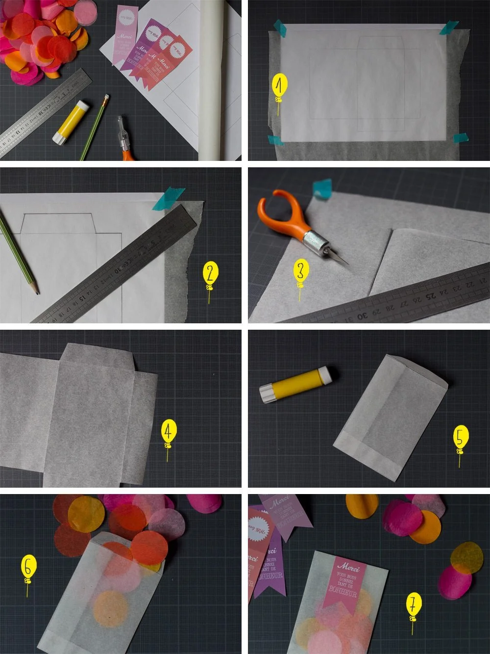 Tutoriel étape par étape pour créer des enveloppes translucides avec des confettis colorés pour un mariage.