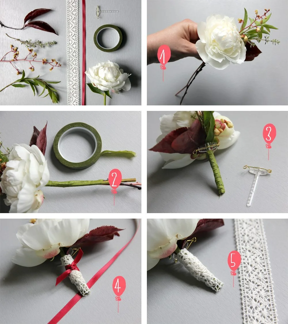 Tutoriel en 5 étapes pour créer une boutonnière blanche et rouge avec ruban et dentelle sur fond gris.