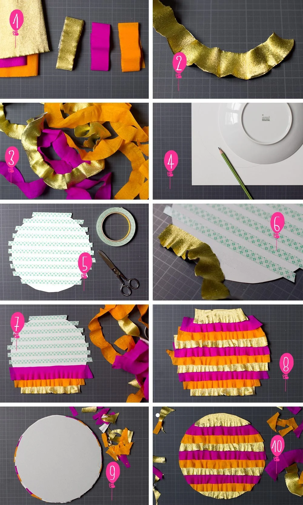 Étapes de fabrication d'un centre de table froufrou coloré en papier doré, rose et orange.