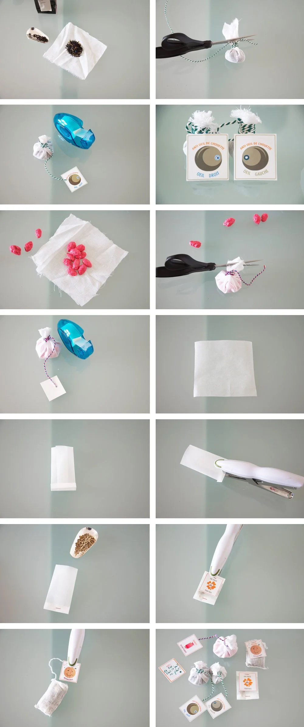 Série de photos étape par étape pour créer des petits sachets de graines blancs et colorés pour un mariage.