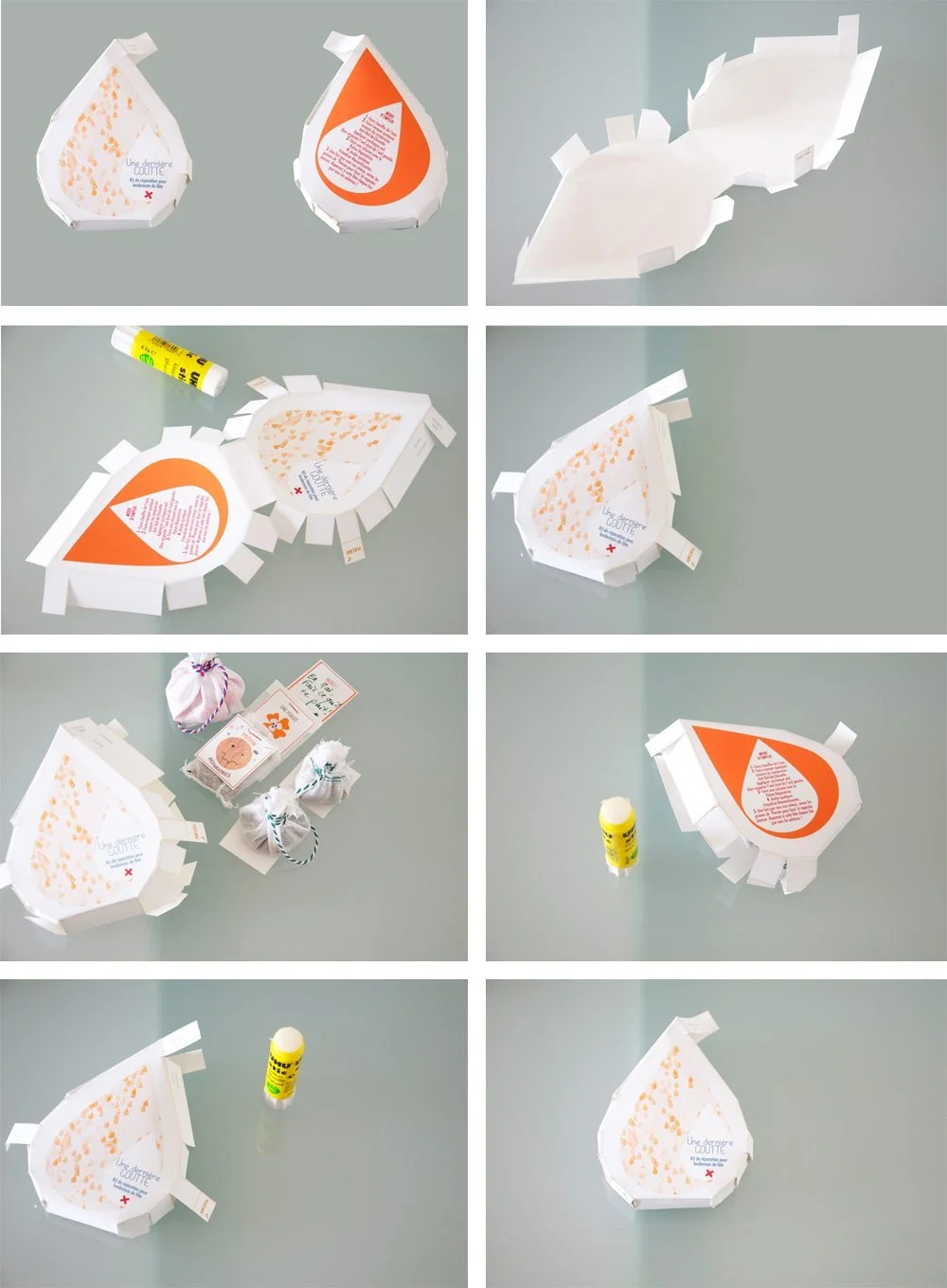 Étapes de fabrication d'un petit emballage blanc et orange en forme de goutte pour dragées.
