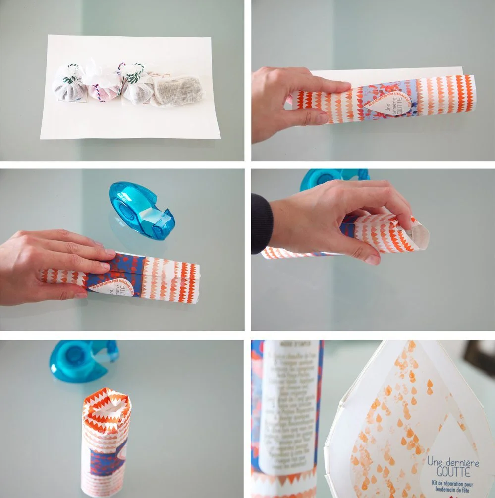 Série de photos montrant la création d'un kit de secours blanc et orange pour invités de mariage.