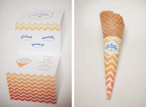Packaging personnalisé orange et blanc pour cornets de glace, avec des saveurs et un logo élégant.