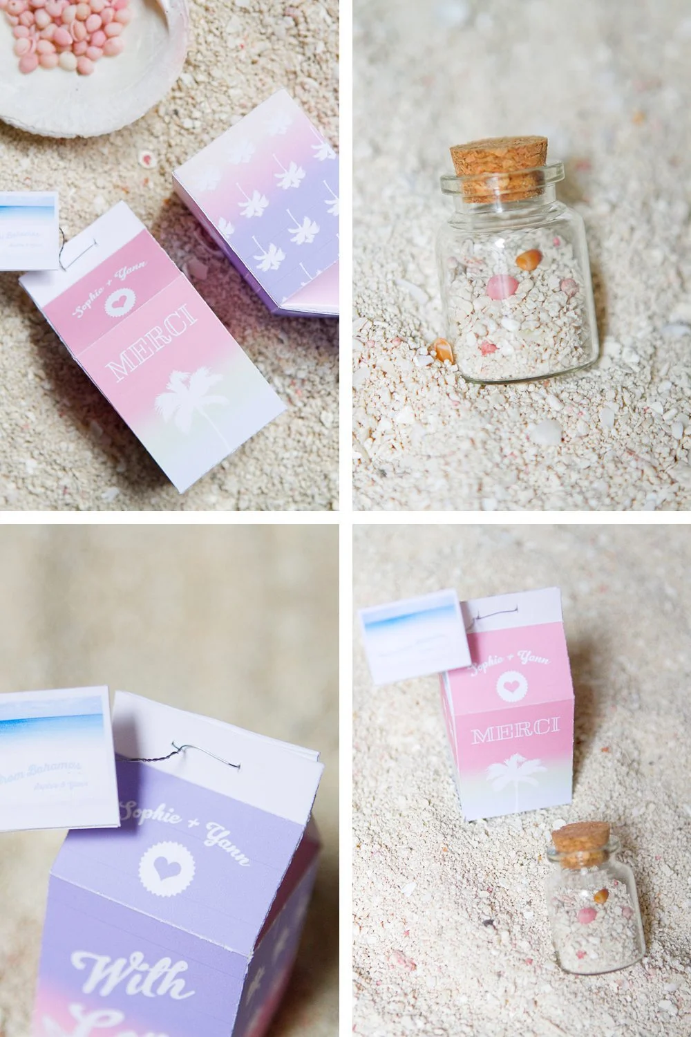 Petits cadeaux de mariage pastel avec boîtes Merci et fioles de sable blanc sur un fond de plage lumineuse.