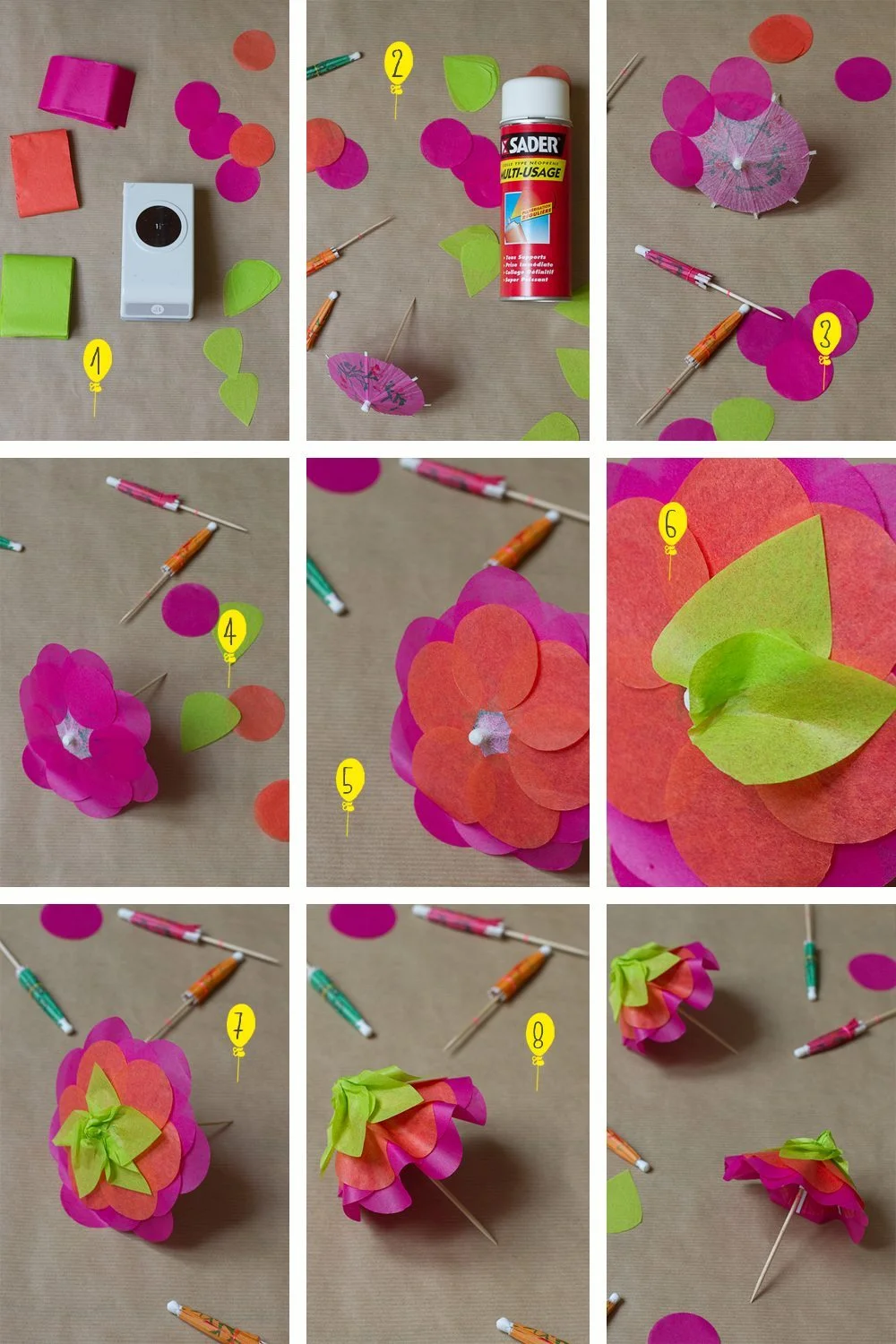 Tutoriel étape par étape pour créer des ombrelles décoratives en papier coloré rose, orange et vert.
