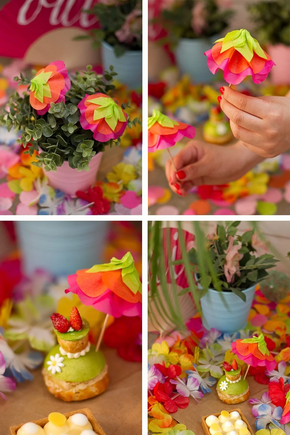 Composition colorée d'ombrelles en papier en forme de fleurs décorant des pâtisseries et des plantes vertes.