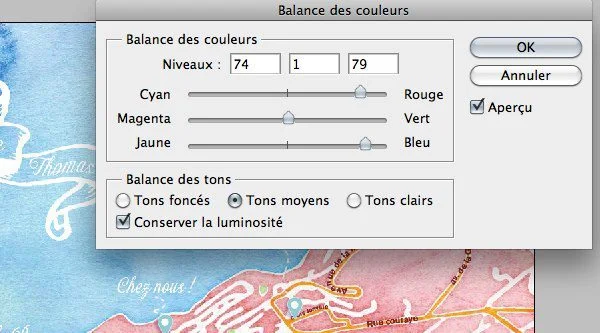 Capture d'écran de la fenêtre Balance des couleurs de Photoshop sur un plan de mariage illustré.