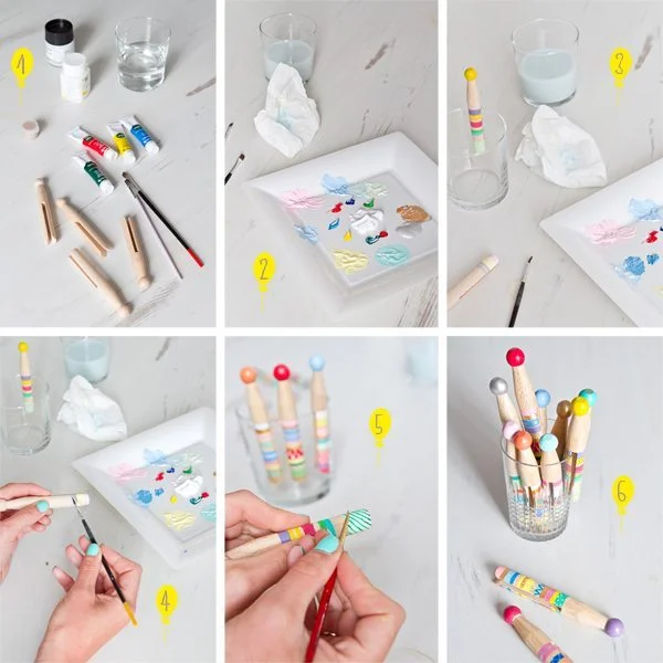 Tutoriel en 6 étapes pour personnaliser des marque-verres en bois avec de la peinture colorée.
