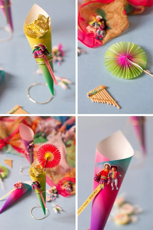 Composition colorée de cornets décoratifs aux motifs péruviens, avec des figurines et des détails festifs et multicolores.