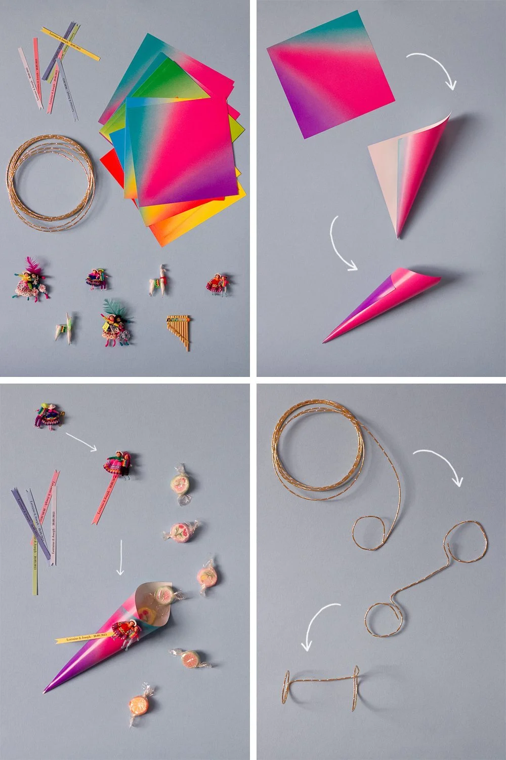 Étapes de création de cornets colorés avec bonbons et décorations artisanales sur fond gris.