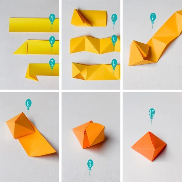 Guide étape par étape pour plier une petite pyramide cadeau en papier jaune sur fond blanc.
