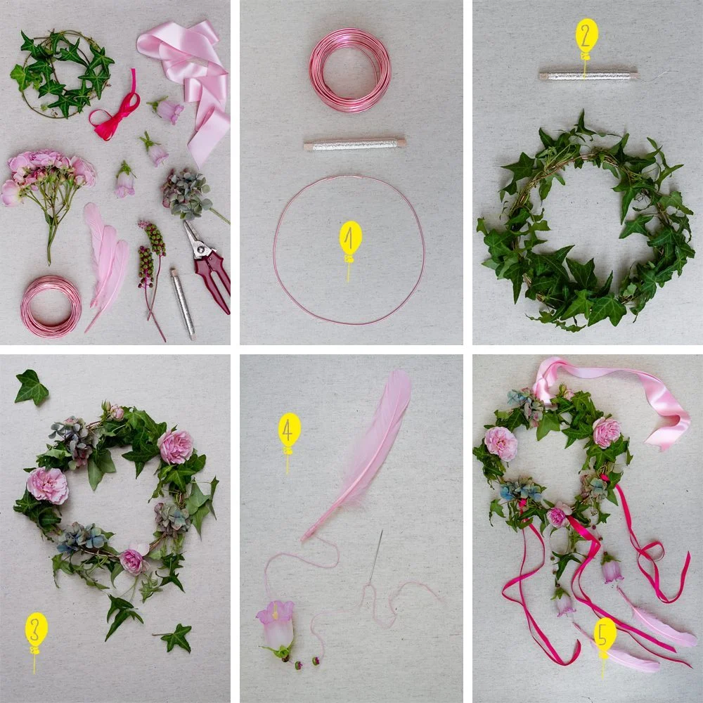 Tutoriel étape par étape pour créer un attrape-rêves floral rose et vert avec des rubans et des plumes.