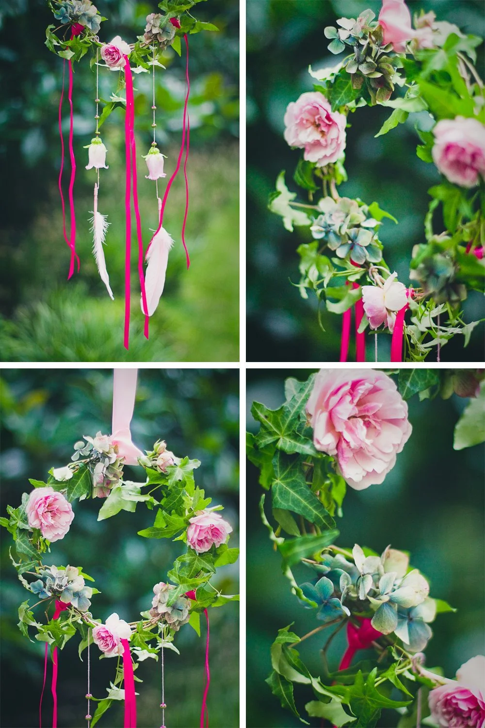 Couronne bohème en lierre et roses roses avec rubans fuchsia et plumes blanches suspendus.