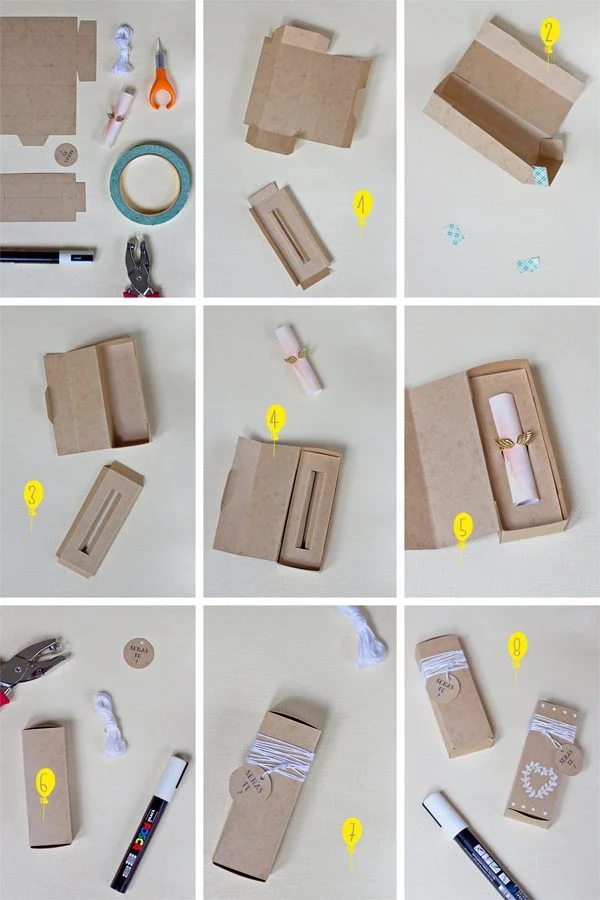 Étapes de fabrication d'un coffret cadeau DIY en carton kraft pour demander d'être témoin de mariage.
