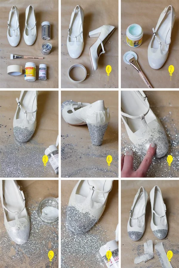 Tutoriel étape par étape pour personnaliser des chaussures blanches avec des paillettes argentées.