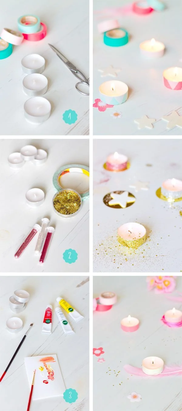 Étapes de personnalisation de bougies chauffe-plat avec des paillettes, du ruban et de la peinture rose et dorée.