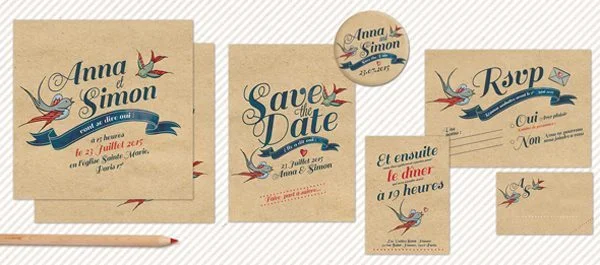 Papeterie de mariage vintage beige avec illustrations d'oiseaux bleus et rouges et calligraphie élégante.
