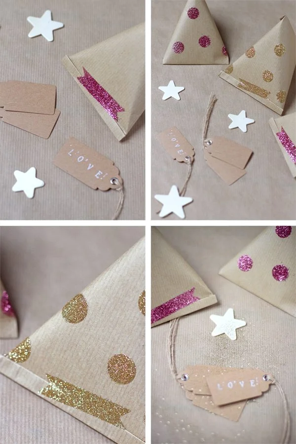 Accessoires de mariage DIY en papier kraft avec stickers pailletés roses et dorés, étoiles et étiquettes L'OVE.
