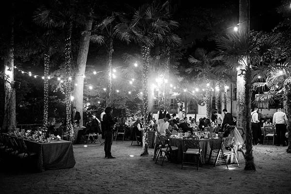 Réception de mariage nocturne en noir et blanc sous des palmiers illuminés de guirlandes électriques à Madrid.