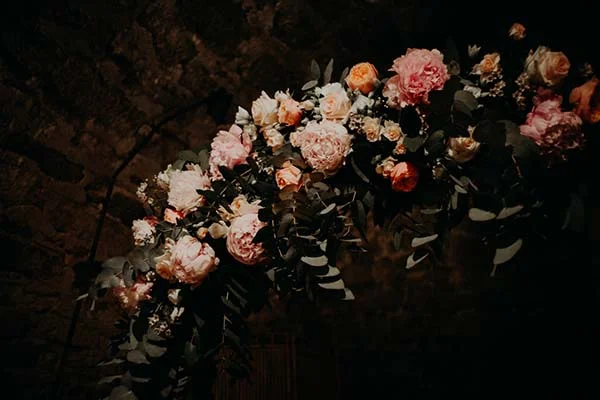 Arche florale romantique composée de roses poudrées et de feuillage vert sombre sur un fond sombre et élégant.