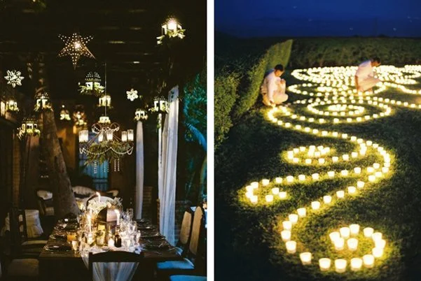 Un scène romantique avec des bougies éclairant la nuit, créant un ambiance magique et intime.