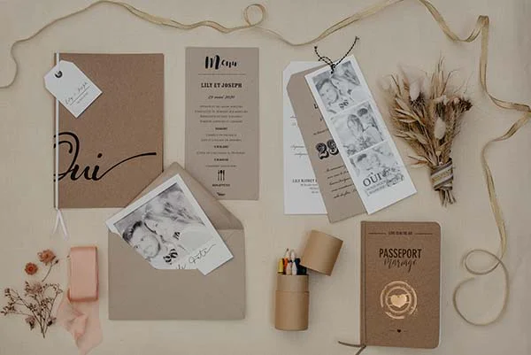 Élégance et fantaisie pour une invitation de mariage avec un design minimaliste et raffiné.
