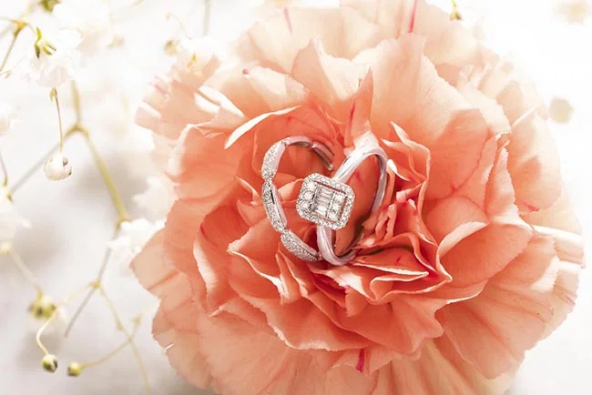 Éclat de tendresse : un anneau en diamant et or légèrement écarté par des pétales de carnation rose pour une image