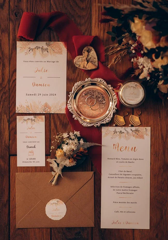 Papeterie de mariage élégante aux tons crème et terracotta sur bois, avec menu, invitations et accessoires raffinés.