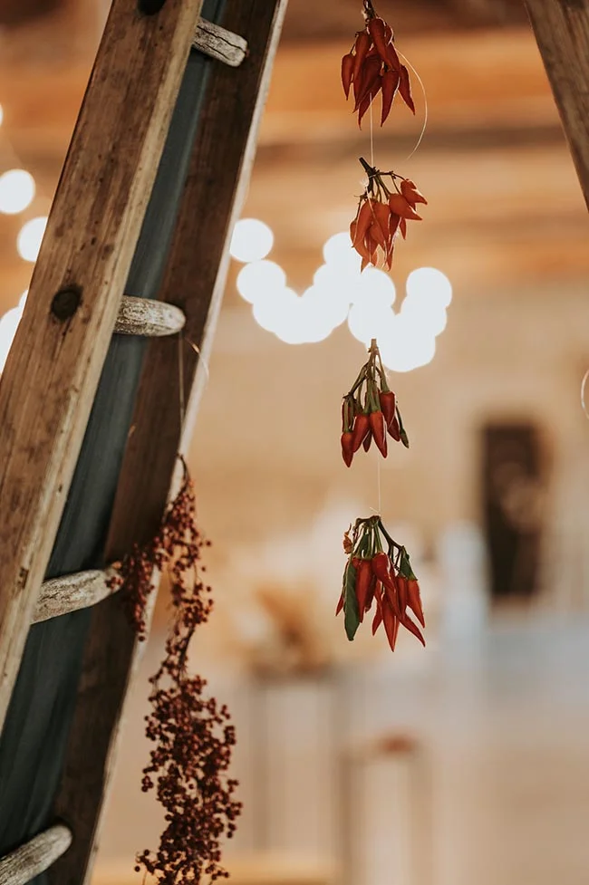 Guirlandes de piments rouges séchés suspendues à une structure en bois dans une ambiance chaleureuse et rustique.