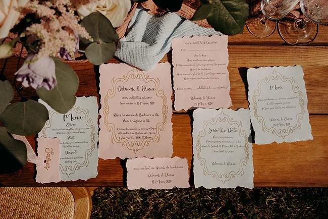 Papeterie de mariage élégante et calligraphiée posée sur du bois, entourée de fleurs aux tons poudrés et naturels.