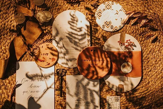 Papeterie de mariage aux tons dorés et terreux, disposée avec des éléments naturels sous une lumière solaire contrastée.