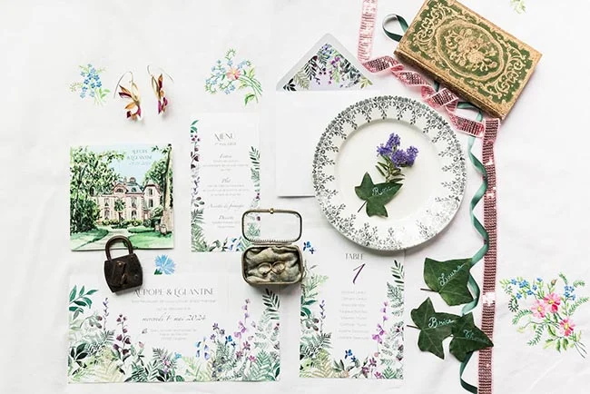 Papeterie de mariage aux motifs botaniques, avec un livre ancien et des feuilles de lierre sur fond blanc lumineux.