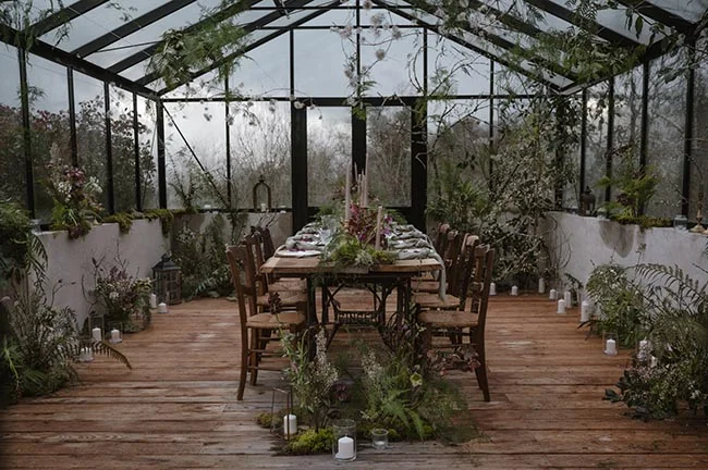 Table de dîner romantique dans une serre vitrée entourée de plantes et de bougies, ambiance naturelle et intimiste.