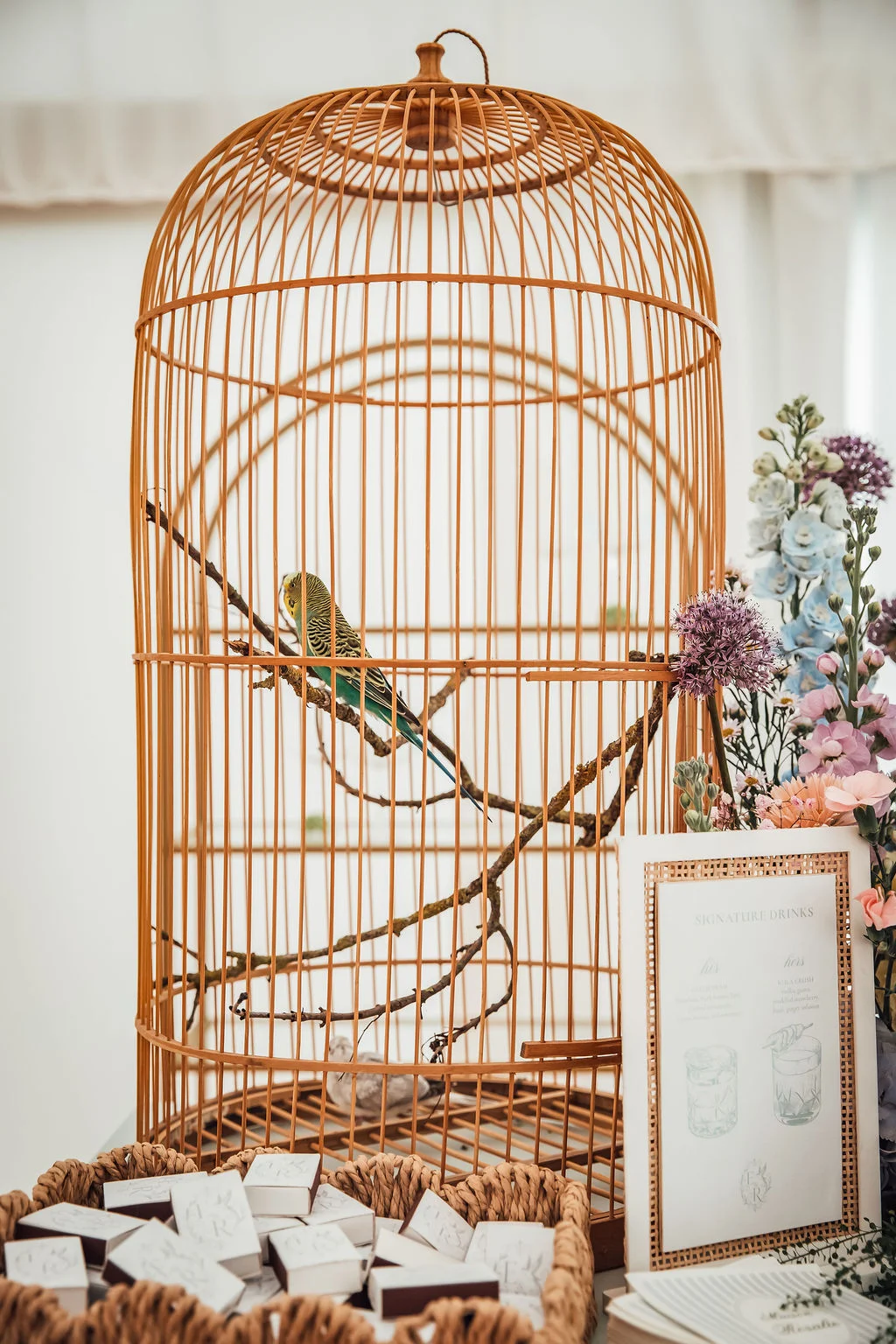 Cage à oiseaux en osier avec une perruche, fleurs pastel et menu de boissons pour un mariage romantique.