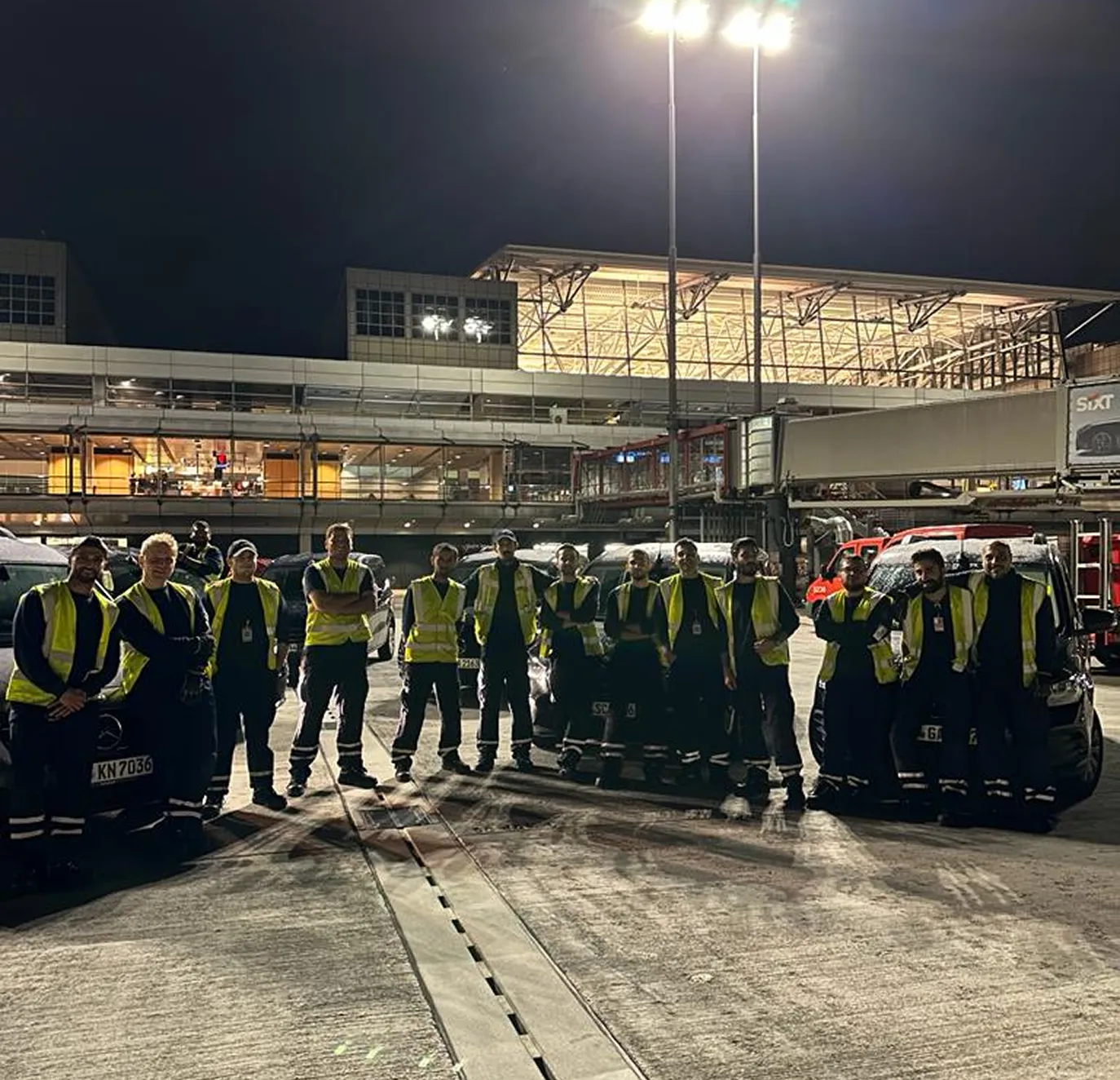 Eine Gruppe von Flughafenmitarbeitern in reflektierenden Sicherheitswesten steht nachts vor Arbeitsfahrzeugen unter heller Beleuchtung.
