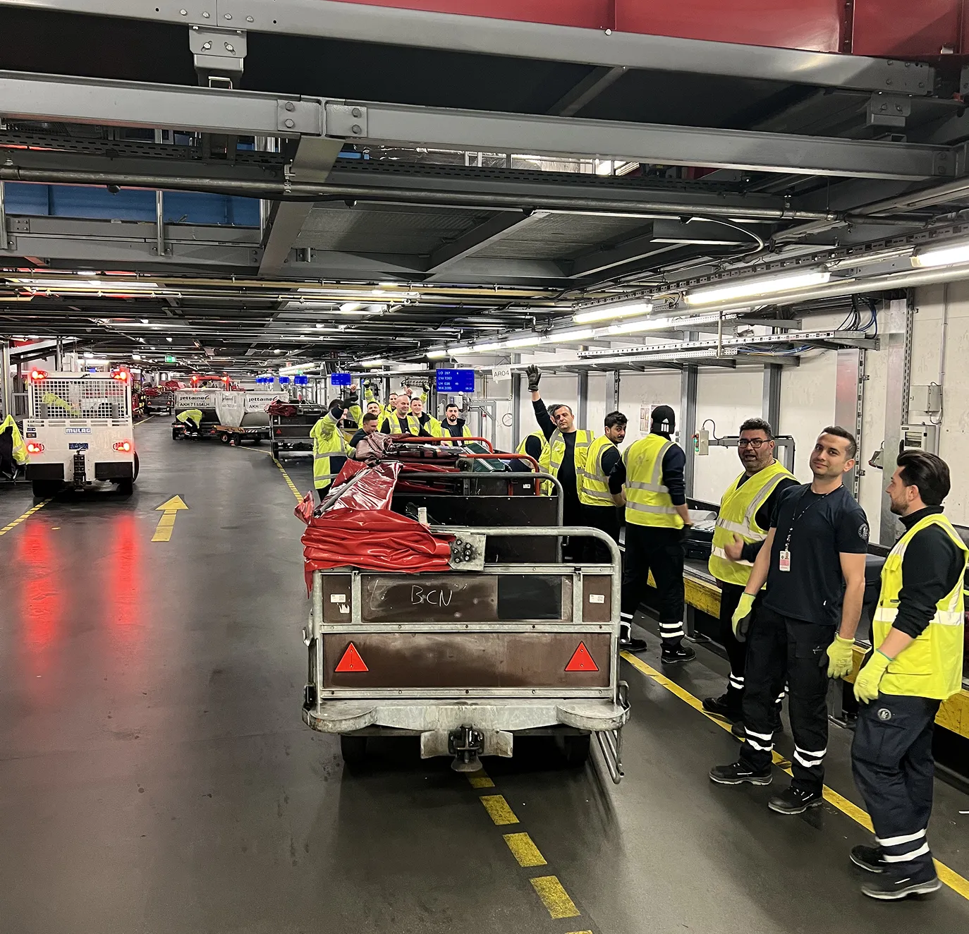 Mitarbeiter in reflektierenden Westen stehen in einer Logistikumgebung neben Anhängern mit Gepäck und Lastwagen.