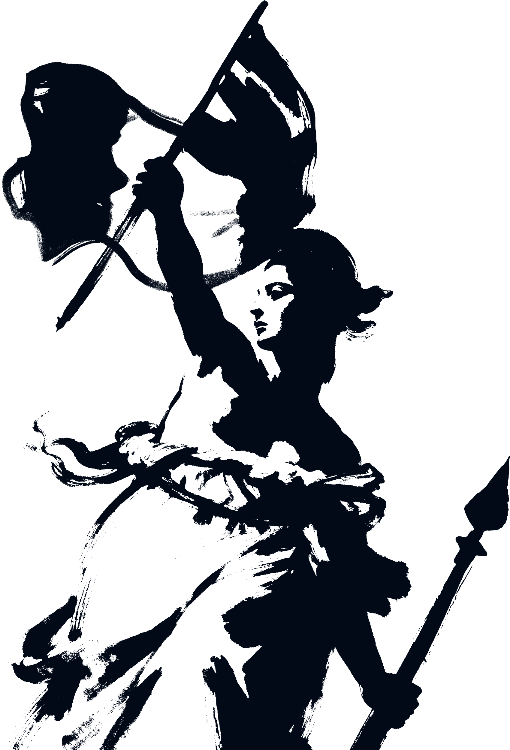 Illustration silhouette d'une femme brandissant un drapeau et tenant une lance.