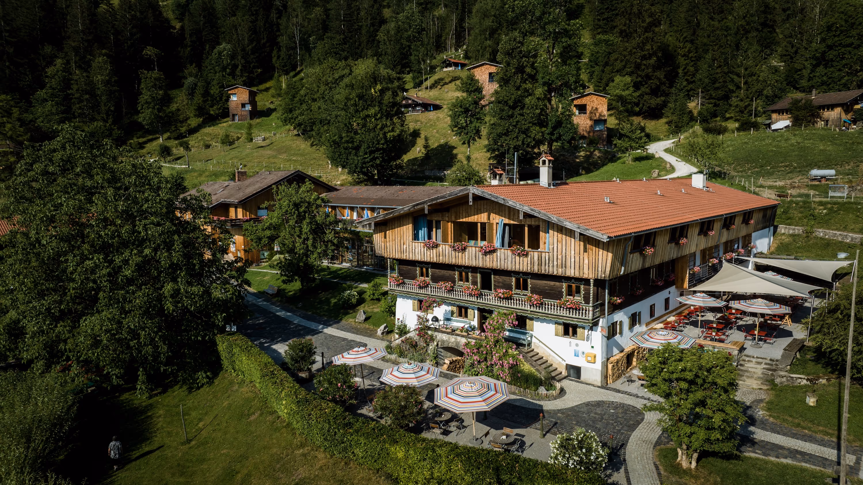 Luftaufnahme des Tannerhof Bayrischzell im Sommer
