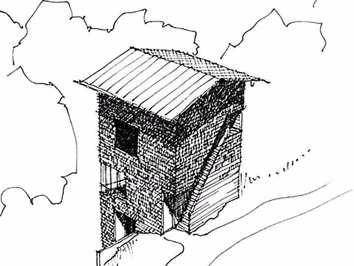 Architekturzeichnung des Hüttenturms mit Schindeln, Tannerhof Bayrischzell