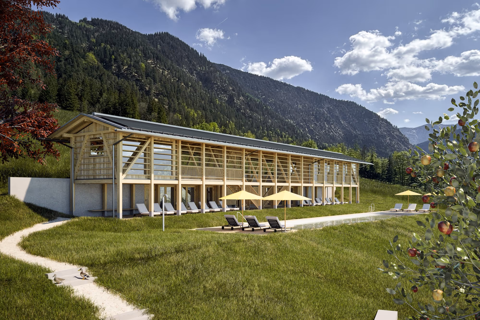 Moderne Badeharpfe als Holzgebäude mit Pool im Tannerhof Bayrischzell