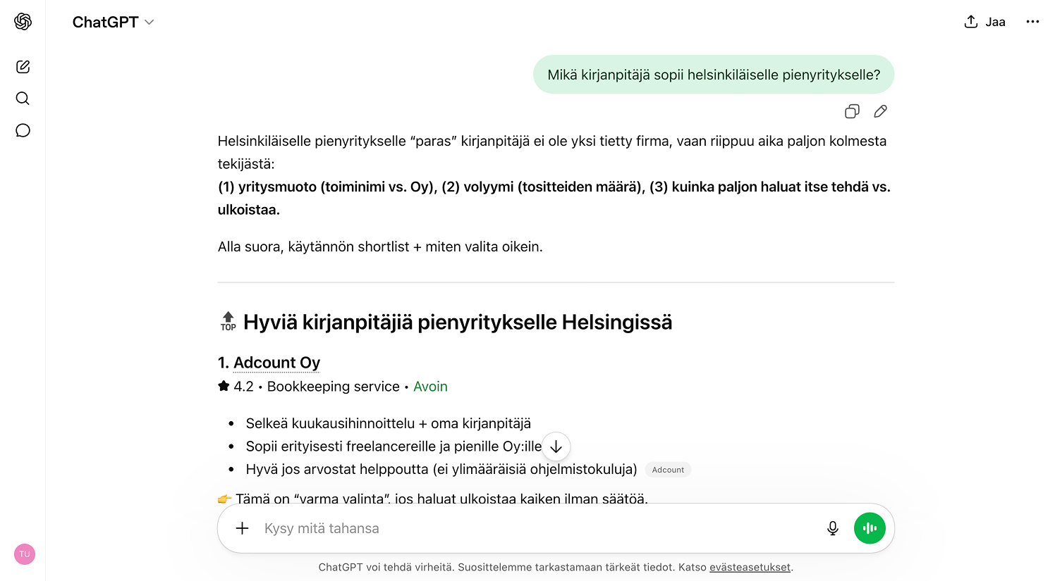 ChatGPT-näkymä jossa tekoäly suosittelee kirjanpitäjiä helsinkiläiselle pienyritykselle ja listaa ensimmäisenä Adcount Oy:n arvosanalla 4.2.