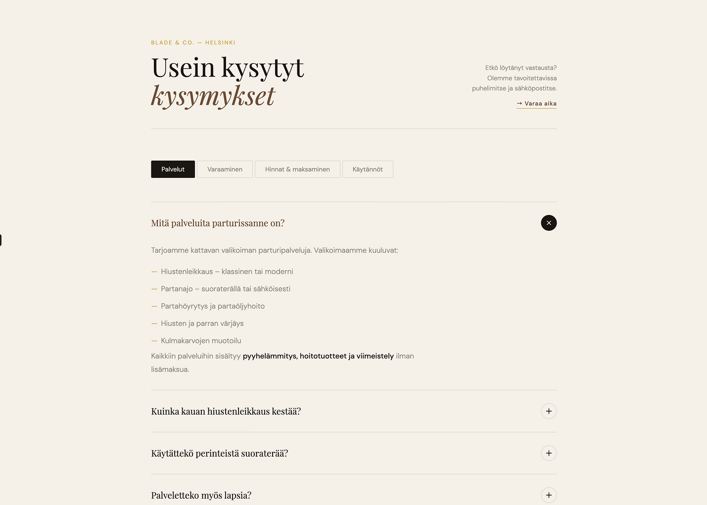 Parturin verkkosivun UKK-osio jossa kysymykset on ryhmitelty kategorioihin ja ensimmäinen vastaus on auki.